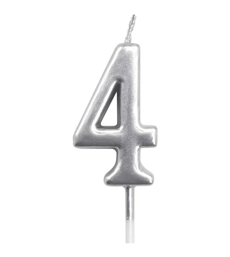 Lumanare de Tort, Flippy, Model Cifra 4, Party, 4.5 x 2.5 cm, din Parafina, Argintiu