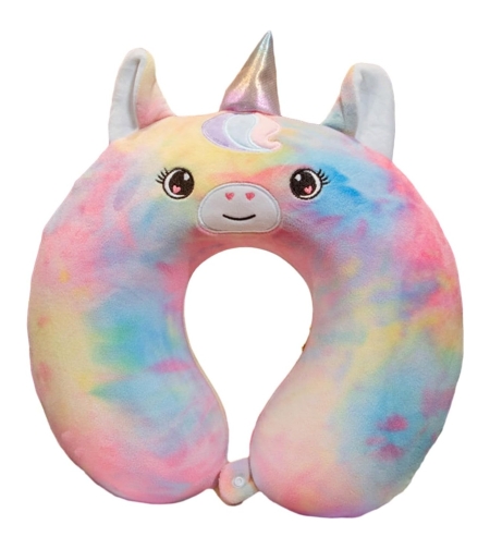 Perna de Calatorie in Forma de U, Flippy, Pentru Gat si Cap, Umplutura din Spuma cu Memorie, 30x30 cm, Model Unicorn, Accesoriu de Voiaj, Birou, Masina, Sistem Prindere Capse, Multicolor