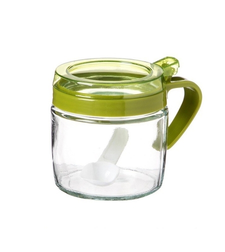 Recipient Condimente, Flippy, din Stilca, 180 ml, cu Maner si Lingurita, 8 x 9 cm, Capac Transparent, Verde