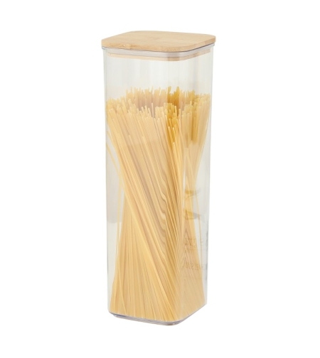 Cutie de Depozitare Alimente, Flippy, Cutie de tip Container, Cutie pentru Cereale, din Plastic, Capac din Bambuc, 10 x 10 x 30 cm, Volum 1.9 l, Transparent