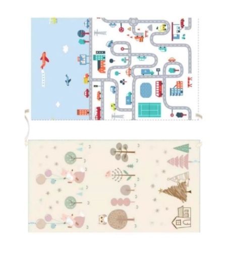 Covoras de Joaca pentru Copii Termic cu 2 Fete, Flippy, Model Vulpi si Pista de Masini, cu Spuma, Impermeabil, Antiderapant, 200cm x 160cm x 0.6cm