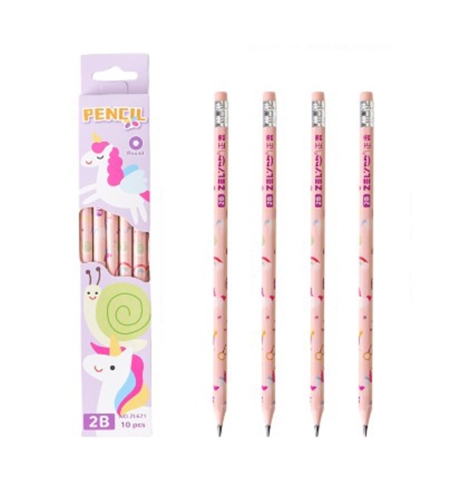 Set 10 Creioane Negre, Flippy, 2B, pentru Elevi Scoala, cu Radiera, Model Roz cu Unicorni