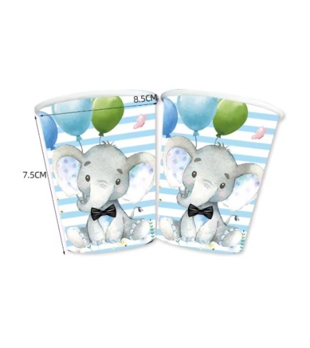 Set 10 Pahare, Flippy, Imprimeu Elefant, din Carton, 7.5 x 8.5 cm, Albastru