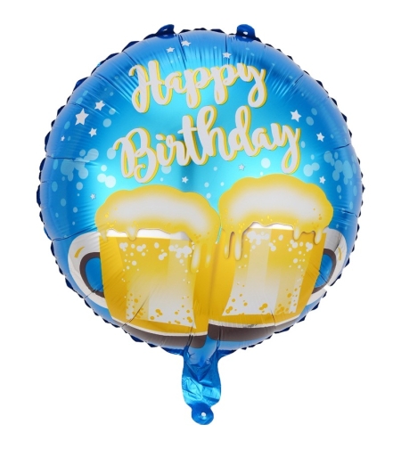 Balon din Folie Metalizata, Flippy, Mini Figurina Rotunda, Model Halbe de Bere, Happy Birthday, Tematica Aniversare, 45 cm, Ambalaj Individual, Pai Inclus, Umflare cu Aer sau Heliu, Albastru