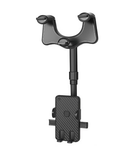 Suport auto Flippy cu atasare la oglinda retrovizoare, rotativ 360 de grade și retractabil, multifuncțional, compatibil cu toate telefoanele mobile, Finisaj Carbon, Negru
