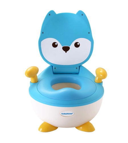 Olita pentru Copii, Flippy, +6 luni, Compartiment Detasabil, cu Capac, Antiderapanta, din Plastic, Colac Moale, Model Animat Vulpe, cu Maner, 34.5 x 35 x 23 cm, Albastru/Alb