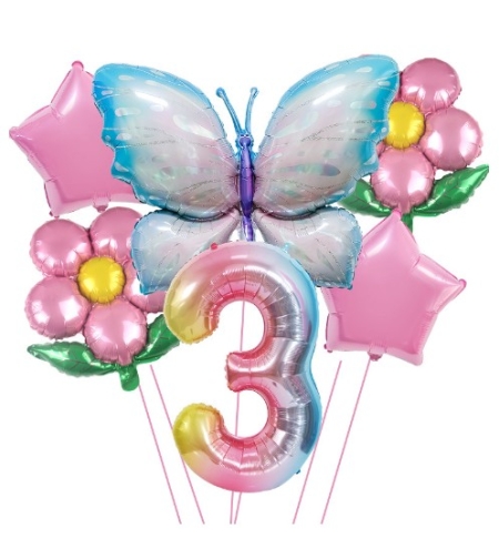 Set baloane aniversare cu numere, din folie de aluminiu, 6 piese, 2 flori, 2 stelute, 1 fluture, 1 cifra, Multicolor, Cifra 3