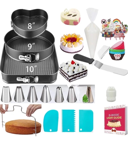 Set de 216 Piese de Copt pentru Prajituri, Flippy, 3 Tavi de Copt, Nivelator, Forme Cupcake, Pos pentru Ornat cu 7 Capete, Feliator Tort, din Otel Inoxidabil, Multicolor