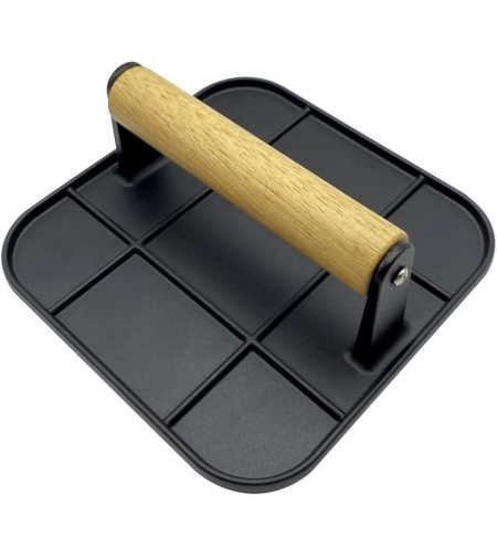Presa Manuala pentru Carne, Flippy, din Aliaj de Aluminiu, Maner din Lemn, Presa pentru Burgeri, Usor de Curatat si Folosit, Patrata, 16x16x6 cm, Neagra