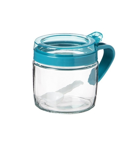 Recipient Condimente, Flippy, din Stilca, 180 ml, cu Maner si Lingurita, 8 x 9 cm, Capac Transparent, Albastru