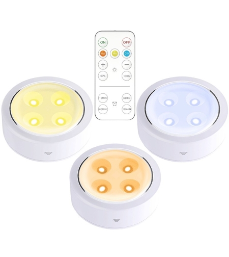 Set de 3 Lampi Led Flippy, Fara Fir, Cu Baterii, 3 Culori de Lumina, cu Telecomanda, din Plastic, Alb