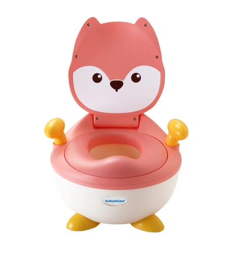 Olita pentru Copii, Flippy, +6 luni, Compartiment Detasabil, cu Capac, Antiderapanta, din Plastic, Colac Moale, Model Animat Vulpe, cu Maner, 34.5 x 35 x 23 cm, Roz/Alb