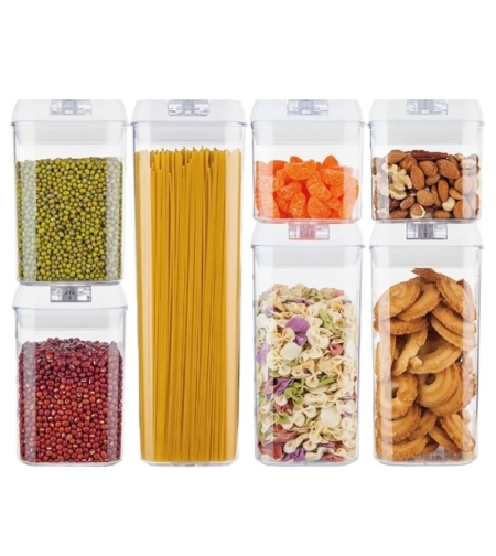 Set 7 Recipiente din Plastic, Flippy, pentru Alimente/Obiecte, Inchidere Ermetica, 2 x 0.5l, 2 x 0.8l, 2 x 1.2l, 1 x 1.9 l, Capac Alb, Transparent