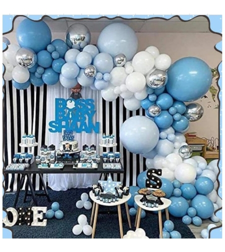 Baloane decorative Arcada, pentru Baieti, BABY SHOWER, Flippy, Arcada Baby BOSS, Set din 154 baloane, Model Petrecere, Baloane Party, 12 cm, 30 cm, 45 cm, Albastru, Bleu, Alb, Argitiu