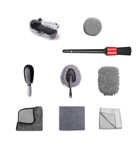 Set 9 Piese pentru Spalat Auto, Flippy, din Plastic si Microfibra, Perii si Lavete, Model A, Gri