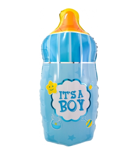 Balon din Folie Metalizata, Flippy, Mini Figurina Biberon, Model It's a Boy, Tematica Gender Reveal, 44x20 cm, Ambalaj Individual, Pai Inclus, Umflare cu Aer sau Heliu, Albastru