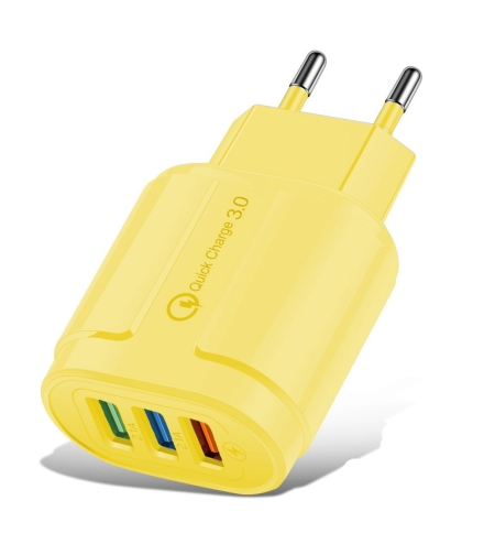 Incarcator Rapid QC3.0, Flippy, 3 Porturi USB, 2.1A, 18W, din ABS, Protectie Supraincalzire, Gama Macarons, Galben