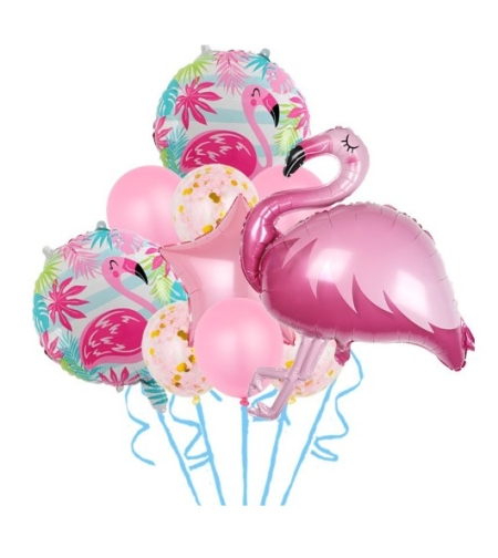 Set Baloane party aniversare, Flippy, din Folie de aluminiu si Latex, set din 10 baloane Flamigo Party, 1 stea, 5 baloane latex, 2 rotunde, 60 -90 cm, Rose