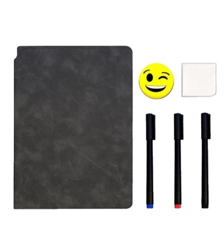 Set Agenda A5 Reutilizabila cu Pagini Tip Tabla, Agenda Pagini Albe cu Stergere Uscata, 3 Markere, 1 Burete și 1 Laveta de sters, Portabila, 24 x 16.5 cm, Coperta Piele, Negru