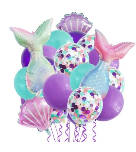 Baloane decorative Aqua Sirene, Flippy, Set MIX 22 baloane, din folie de alumiu, 2 Sirene, 2 Scoici, 18 baloane din latex, 50 x 85 cm Adeziv si pai inclus, Mov Multicolor