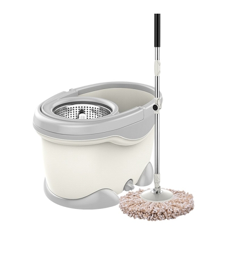 Set Galeata si Mop Rotativ 360°, Flippy, Cu Dubla Actiune Centrifuga, Pentru Uz Casnic, Maner din Otel Inoxidabil Telescopic, 2 Capte din Bumbac, 46x27x29 cm, Alb