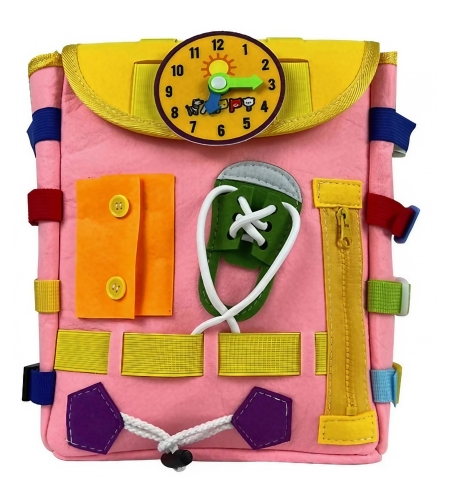 Ghiozdan Montessori, Flippy, pentru Copii 2-6 ani, Fidget Pop, cu Catarame si Fermoare, Jucarii Senzoriale, Activitate de Invatare prin Joc, Roz, 0.25 kg, 28x10x23 cm