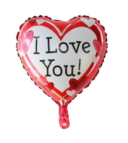 Balon din Folie Metalizata, Flippy, Figurina Inima, Model I Love You, Tema Ziua Indragostitilor, 45 cm, Ambalaj Individual, Pai Inclus, Umflare cu Aer sau Heliu, Rosu/Alb