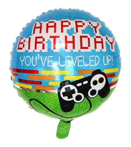 Balon din Folie Metalizata, Flippy, Mini Figurina Rotunda, Model Happy Birthday Gamer, Tema Aniversare, 45 cm, Ambalaj Individual, Pai inclus, Umflare cu Aer sau Heliu, Albastru