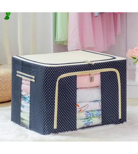 Cutie de Depozitare Pliabila, Flippy, 24 L, Panza Oxford, 40x30x20 cm, Fereastra Frontala, 2 Usi de Acces cu Fermoar Bidirectional, Cadru Metalic, Suport Baza Stabil din Plastic, Imprimeu buline, Albastru Marin