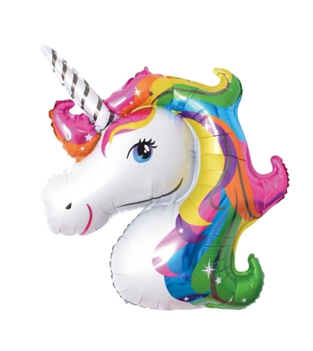 Balon din Folie Metalizata, Flippy, Mini Figurine, Model Unicorn, Tematica Aniversare, 108x88 cm, Ambalaj Individual, Pai Inclus, Umflare cu Aer sau Heliu, Multicolor