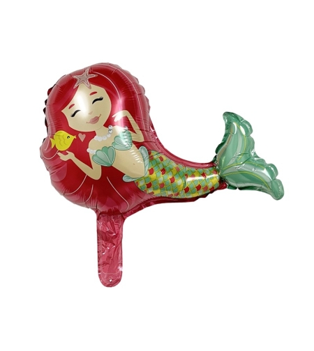 Balon din Folie Metalizata, Flippy, Mini Figurine, Model Sirena cu Par Rosu, Tematica Aniversare, 39x37 cm, Ambalaj Individual, Pai Inclus, Umflare cu Aer sau Heliu, Multicolor