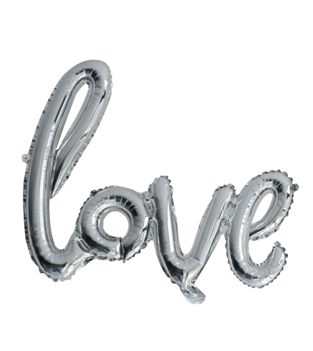 Set Baloane din Folie Metalizata, Model Love Scris de Mana, 102x65 cm, Baloane Ziua Indragostitilor, Ambalaj Individual, Pai inclus, Umflare cu Aer sau Heliu, Argintiu