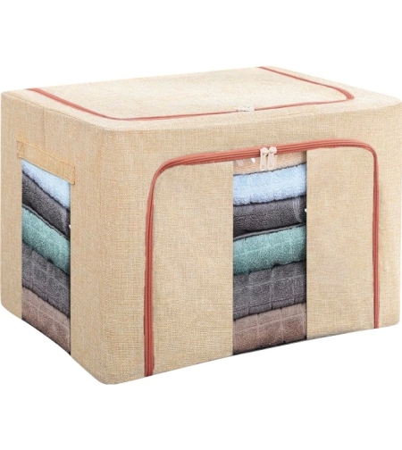 Cutie de depozitare pliabila, Flippy, Cu fermoar, 100 L, Textil, 60x42x40 cm, Cadru Metalic, Suport Baza Stabil din Plastic, Crem cu Doua Ferestre