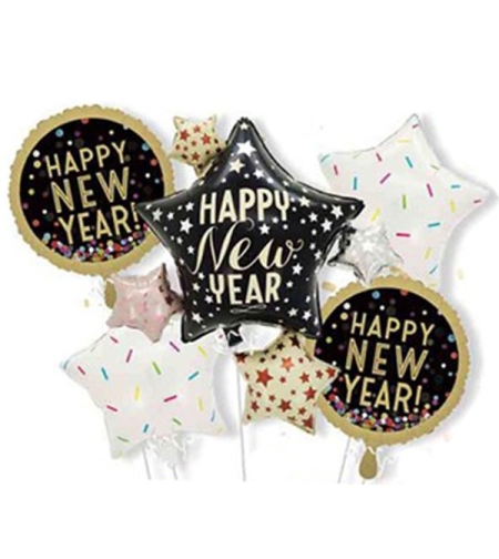 Baloane pentru aniversare, Flippy, tematica Happy New Year, set 9 baloane, 1 Stea Mare 83 x 90 cm, 6 stele, 2 rotunde, din folie de aluminiu, pai de carton inclus, Negru