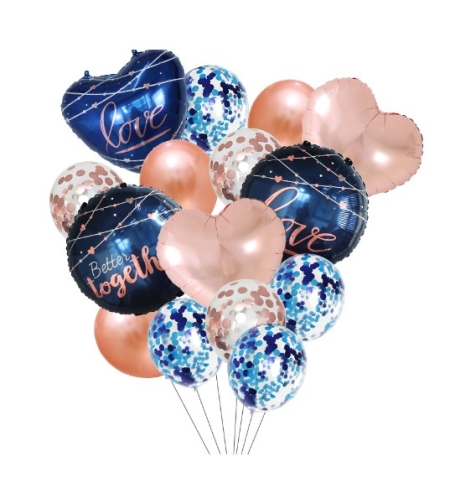 Set 15 baloane pentru Nunta, Flippy, baloane pentru decor, din folie de aluminiu,  30 x 50 cm, Rose / Albastru