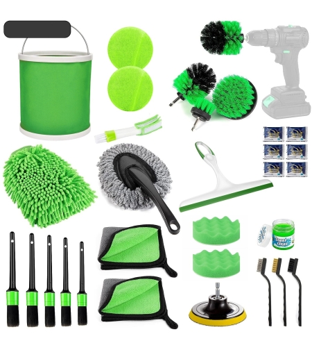 Set 30 Accesorii pentru Curatare Auto, Flippy, din PP si Microfibra, Interior/Exterior, 30 x 24 x 12 cm, Verde