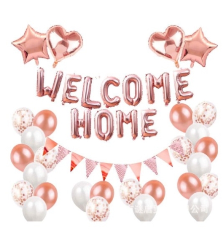 Set baloane folie si latex, Flippy, WELCOME HOME, 24 de piese, 20 baloane latex, 4 baloane stea Folie, 1 set Welcome Home, Rose gold metal