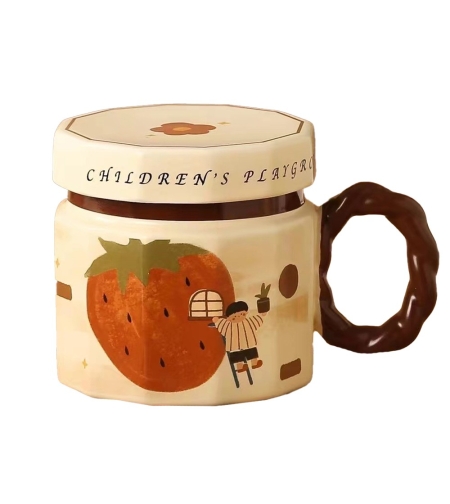 Cana din ceramica, Flippy, Cana pentru Cafea, Ceai, Cana Universala, Unisex, Cana cu Capac, 9 x 8 x 8 cm, 400 ml, Model Capsuna, Bej