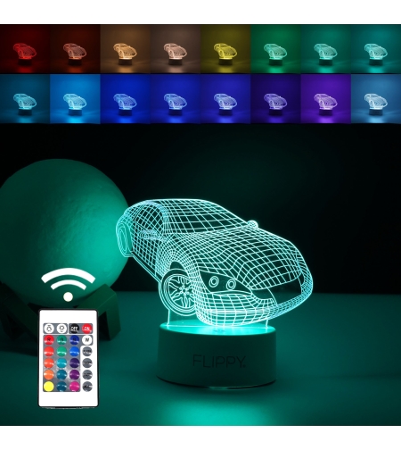 Lampa LED decorativa, Flippy, 3D, Masina Sport, doua moduri de alimentare USB si baterii, 20 cm inaltime, din material acril si lumina multicolora, alb