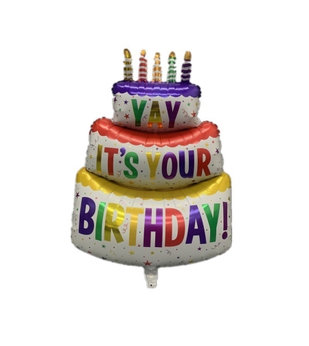 Balon din Folie Metalizata, Flippy, Model Tort cu 3 Straturi, Balon Aniversar, Model Birthday Cake, 102x62 cm, Ambalaj Individual, Pai inclus, Umflare cu Aer sau Heliu, Multicolor