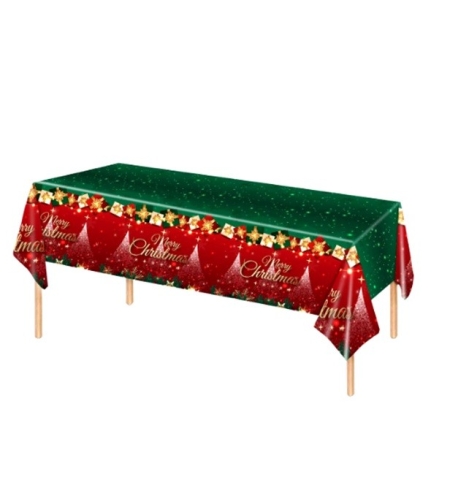 Fata de Masa Festiva, Flippy, Dreptunghiulara, Imprimeu Merry Christmas, Tema Craciun, Rezistenta la Apa, din PVC, 137 x 274 cm, Rosu/Verde