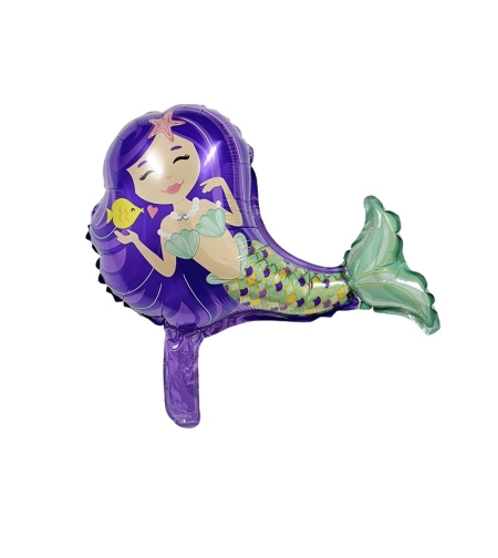 Balon din Folie Metalizata, Flippy, Mini Figurine, Model Sirena cu Par Mov, Tematica Aniversare, 39x37 cm, Ambalaj Individual, Pai Inclus, Umflare cu Aer sau Heliu, Multicolor