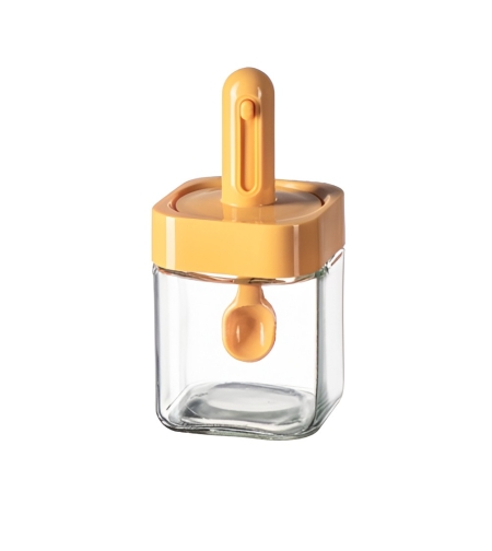 Recipient pentru Depozitarea Condimentelor, Flippy, Borcan din Sticla, Capac si Lingura Incorporate, Uz Casnic, 300 ml, 7.1x7.1x14.8 cm, Portocaliu