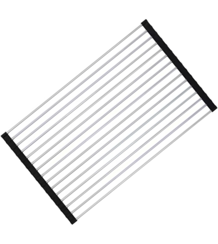 Covoras de Scurgere pentru Chiuveta Bucatarie, din Otel Inoxidabil, Suport Chiuveta, Pliabil, Antiderapant, Usor de Curatat si de Depozitat, 47x36 cm, 18 Tuburi, Negru