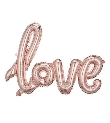 Balon din Folie Metalizata, Flippy, Model Love scris de mana, 102x65 cm, Tematica Ziua Îndrăgostiților, Ambalaj Individual, Pai Inclus, Umflare cu Aer sau Heliu, Rose Gold