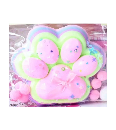 Jucarie Antistres Squishy, Flippy, cu Revenire Lenta, Model Labuta de Pisica YY1005, 220g, 12.5 x 10.5 cm, Squeeze Pinch Family, Ambalaj Transparent, Roz-Curcubeu