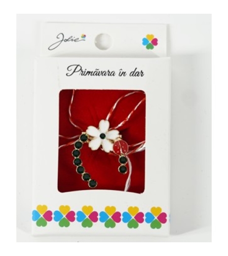 Martisor Brosa Mica in Cutie, Dimensiune Brosa 2.5-3 cm, Material Metal, Model Potcoava cu Floare Alba