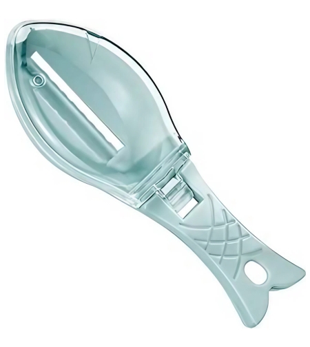 Curatator Manual Solzi de Peste, Flippy, Forma Peste , Recipient cu Capcac pentru Solzi, Plastic, Albastru deschis, 16x6 cm