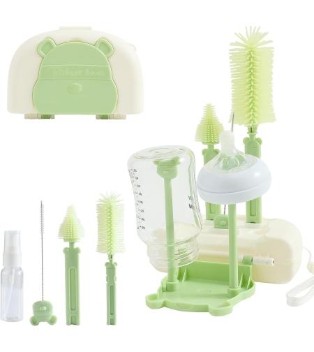 Set 7 Piese de Spalat/Uscat Biberoane, Flippy, Portabil, Peri de Silicon, pentru Tetine, Suzete, Biberoane, Paie, Cutie Inclusa, 16 x 11 x 5 cm, Model Ursulet, Verde