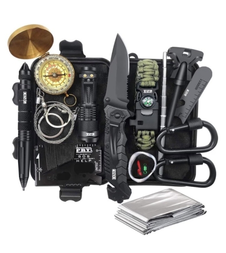 Kit supravietuire multifunctional 16 in 1 Flippy, Instrumente profesionale, Agatatoare ghiozdan, pentru Camping, Drumetii, Aventuri in aer liber, borseta inclusa, negru